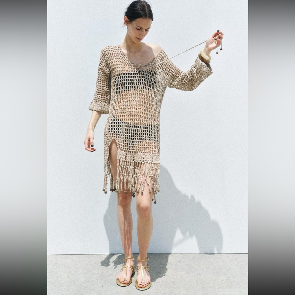 Zara Tan Crochet Swim Cover-Up